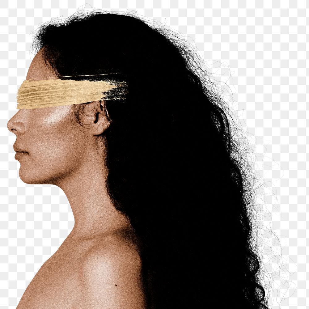 Blindfolded woman png sticker, side view portrait transparent background