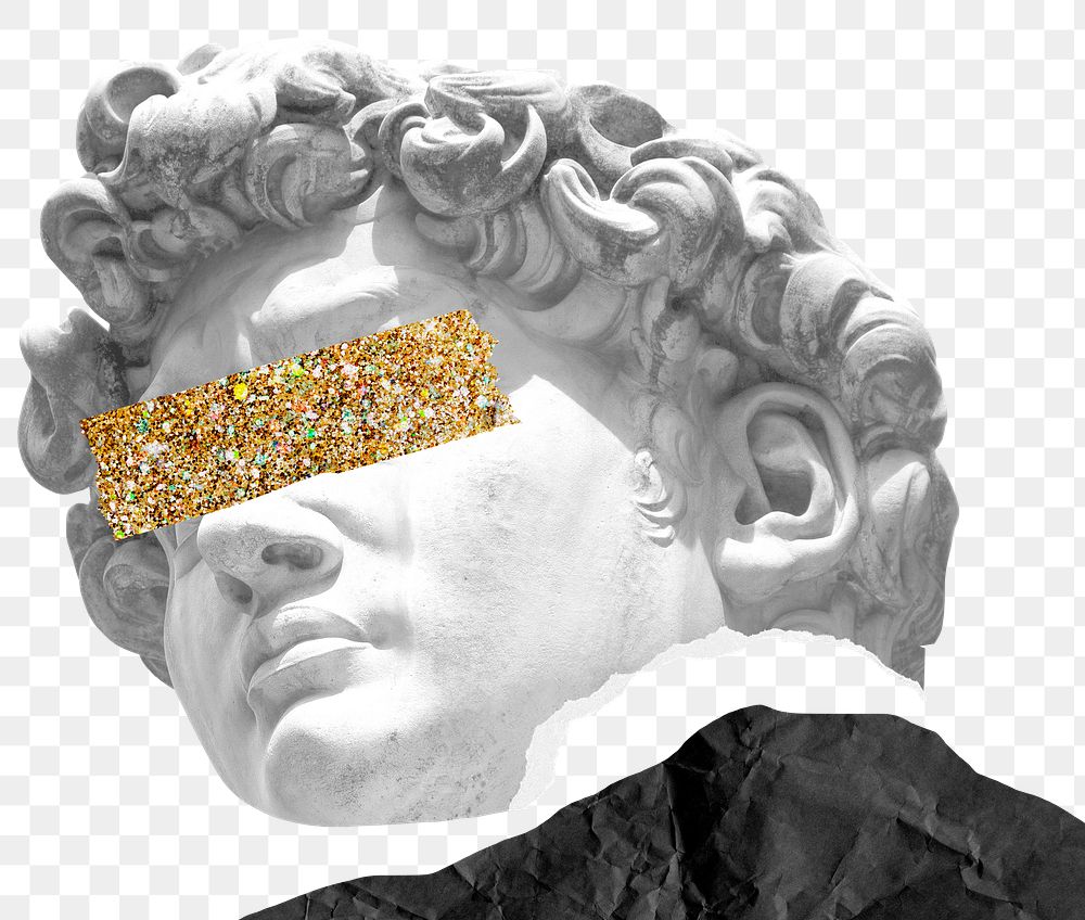 Statue head png sticker, glitter gold Washi tape collage transparent background
