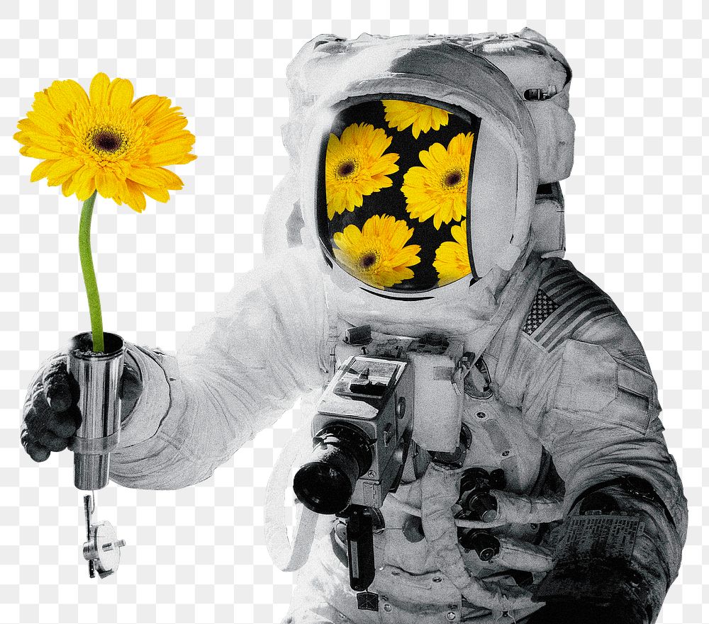 Astronaut collage png sticker, sunflower transparent background