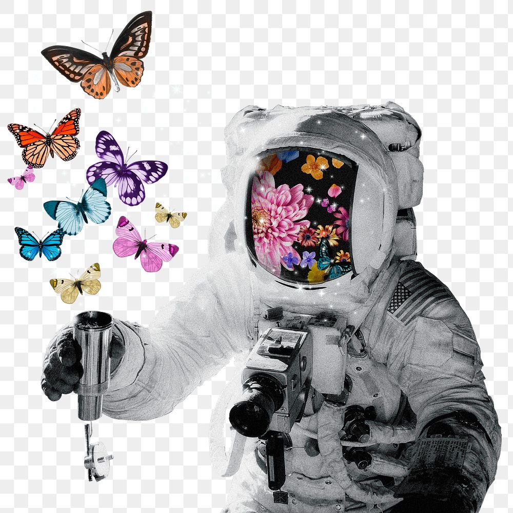 Astronaut collage png sticker, butterflies  transparent background