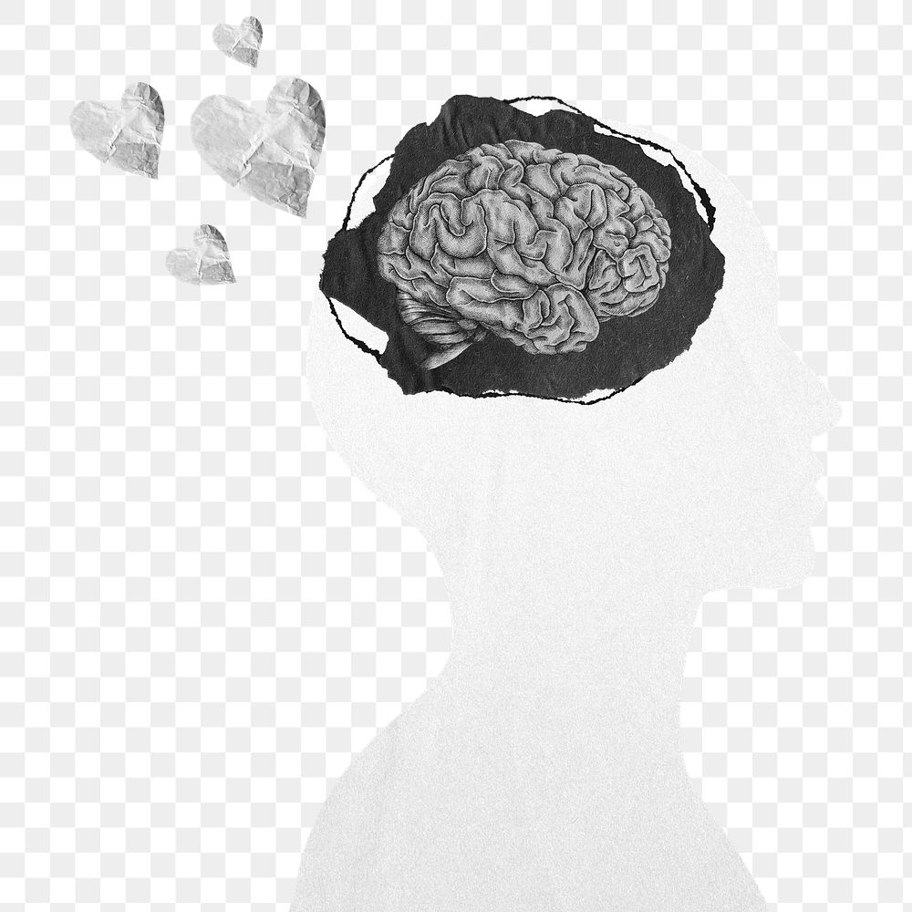 Mental health png sticker, black brain transparent background