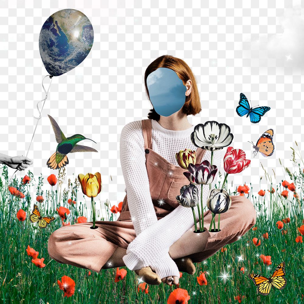 Png faceless woman collage sticker, surreal escapism transparent background