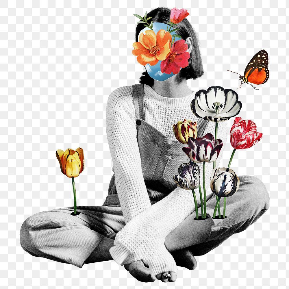 Grayscale woman png sticker, flower face collage transparent background