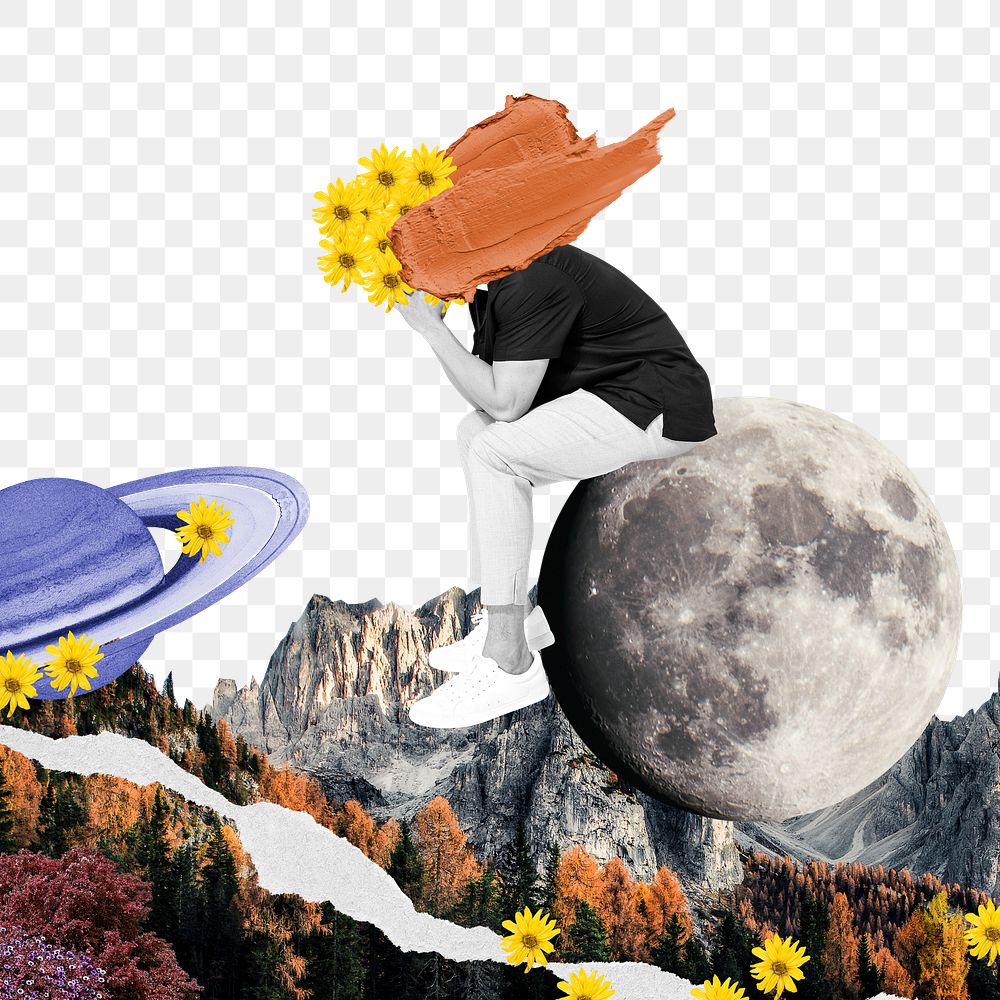 Moon collage png sticker, surreal escapism transparent background