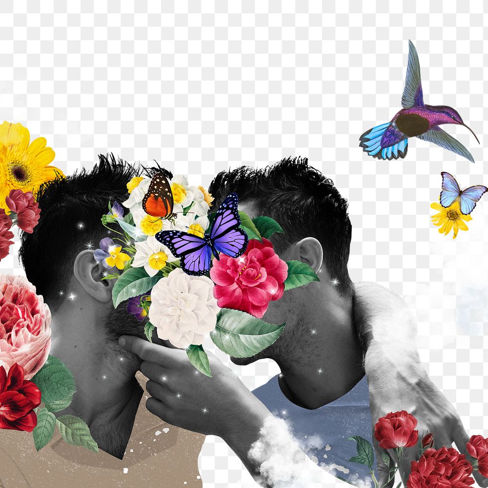 Lovers kissing png sticker, gay couple flower face transparent background