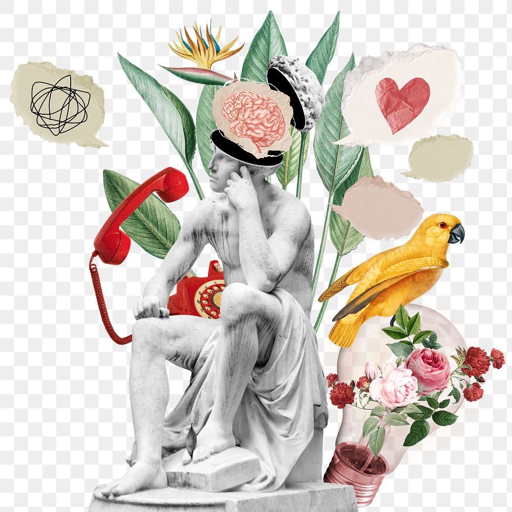 Statue collage png sticker, vintage mixed media transparent background