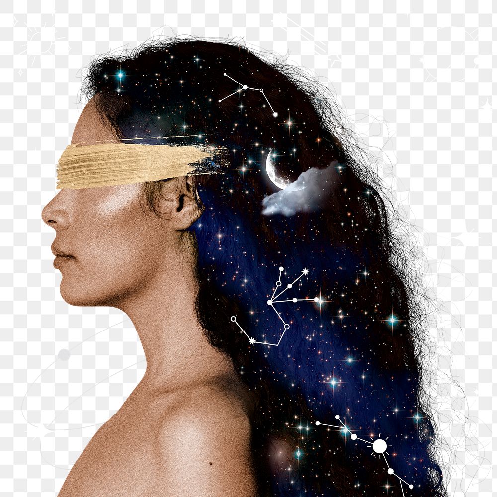 Blindfolded woman png sticker, celestial transparent background