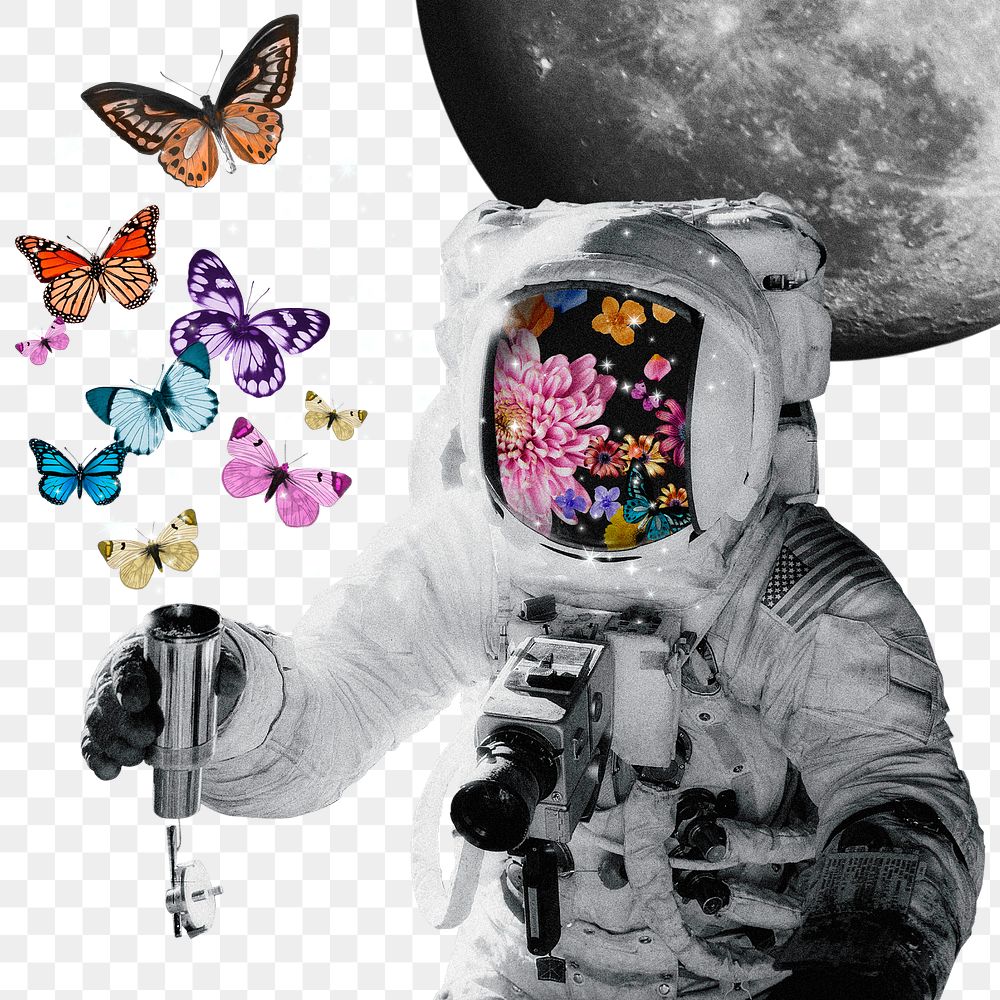 Astronaut png sticker, butterfly transparent background