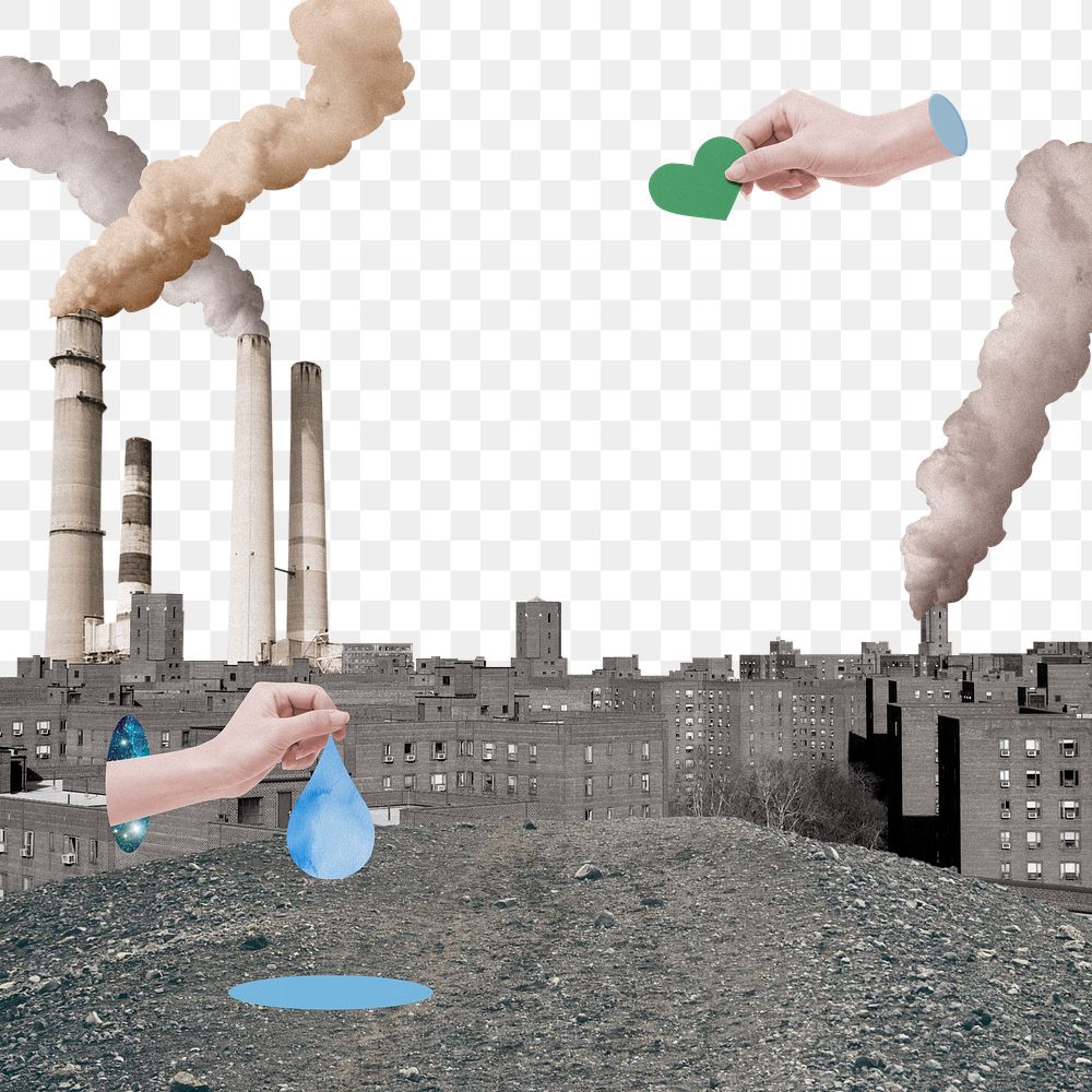 Factory air pollution png collage, environment in crisis, transparent background