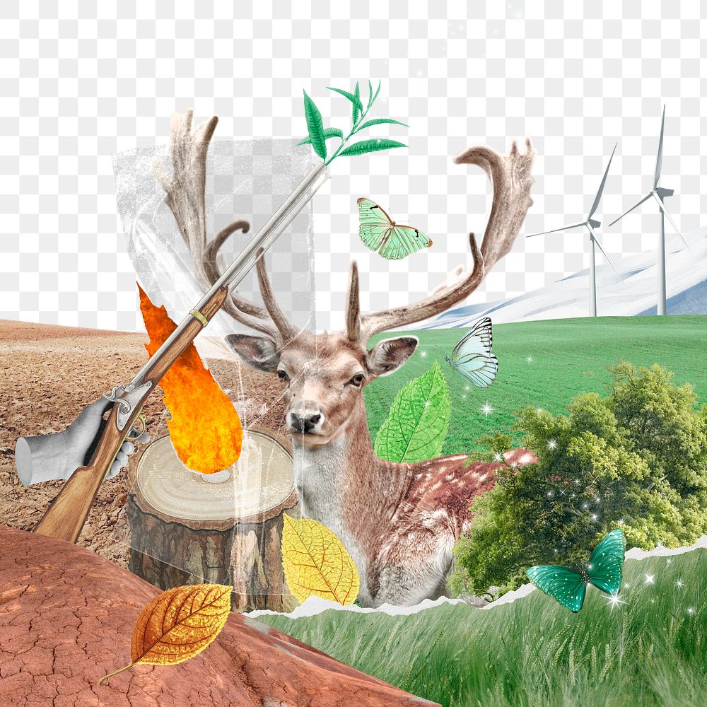 Deer in nature png sticker, mixed media collage, transparent background