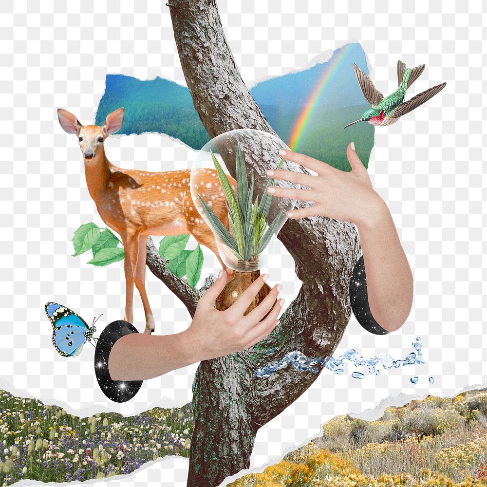 Png surreal nature collage, environment protection design, transparent background