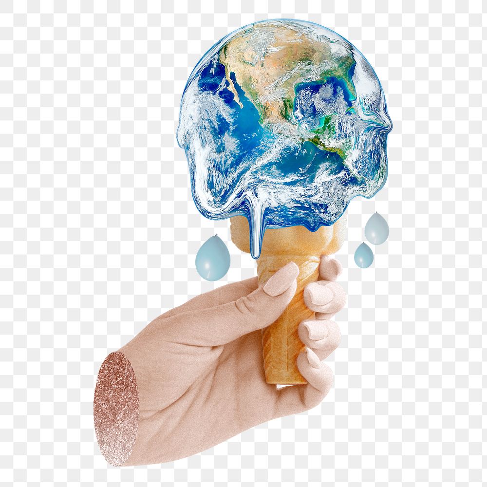 Earth melting png sticker, ice cream cone, transparent background