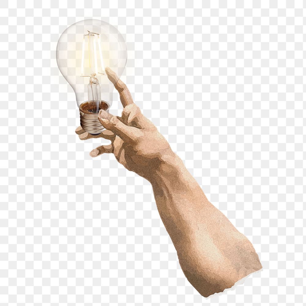 Hand with light bulb png, idea and electricity conservation concept collage element on transparent background
