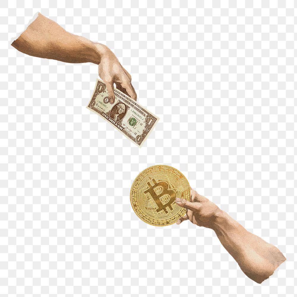 Exchanging dollar bitcoin png, collage element on transparent background