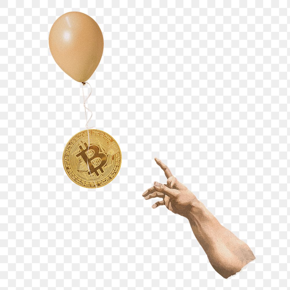 Flying bitcoin png, cryptocurrency inflation concept collage element on transparent background