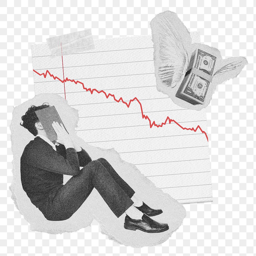 Man depressed png stock crash, bear market concept collage element on transparent background