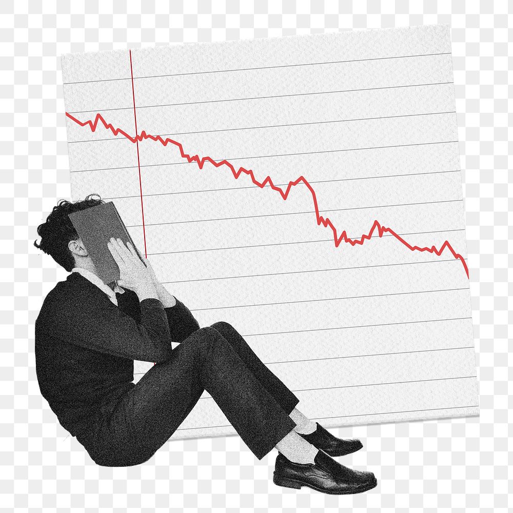 Man depressed png stock crash, bear market concept on transparent background