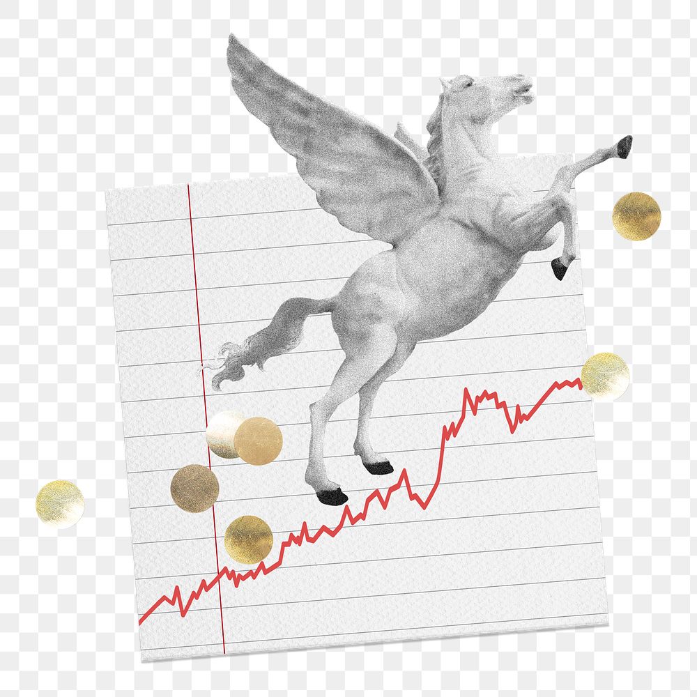 Unicorn on paper png, market high concept collage element on transparent background