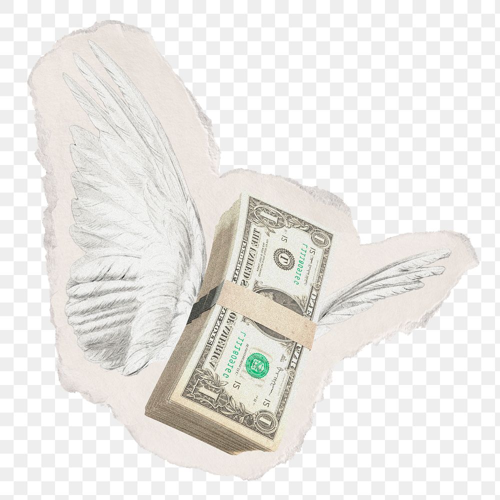 Winged dollar bills png, inflation collage element on transparent background