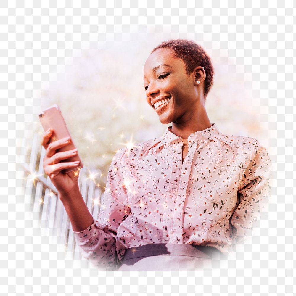 PNG African woman texting on her phone, transparent background
