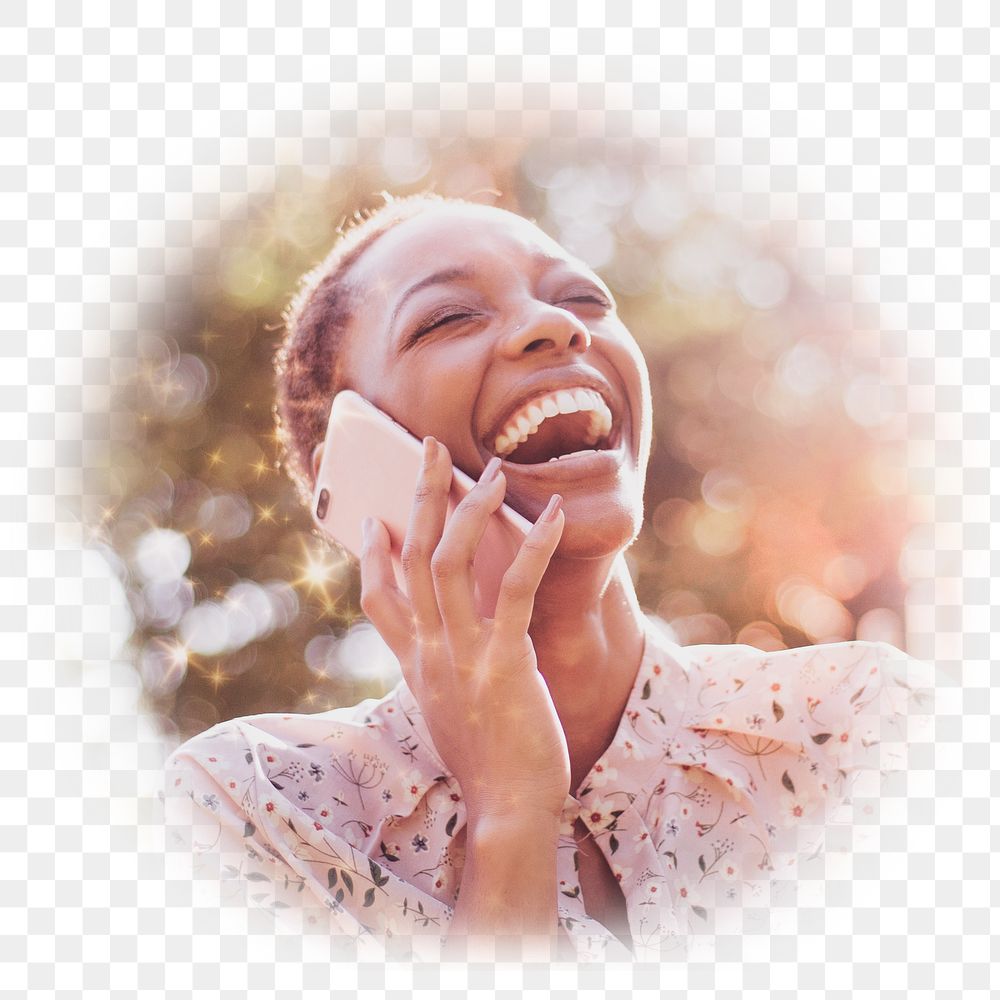 PNG Happy African American woman talking on a phone, transparent background