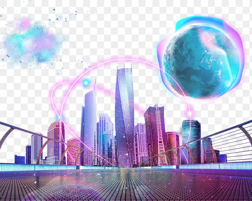 Png surreal city border, futuristic transparent background