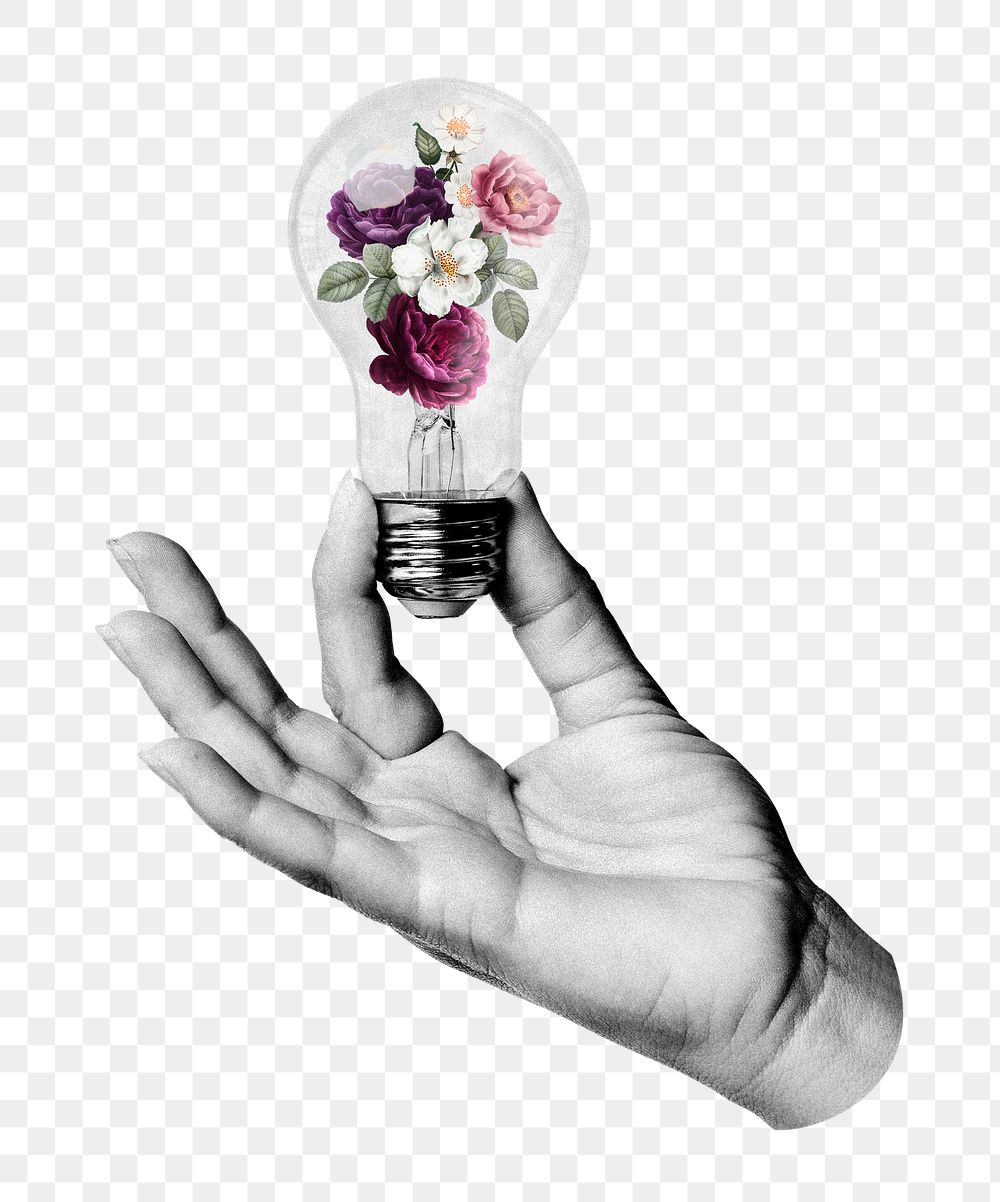 Light bulb png sticker, surreal flower in hand, transparent background