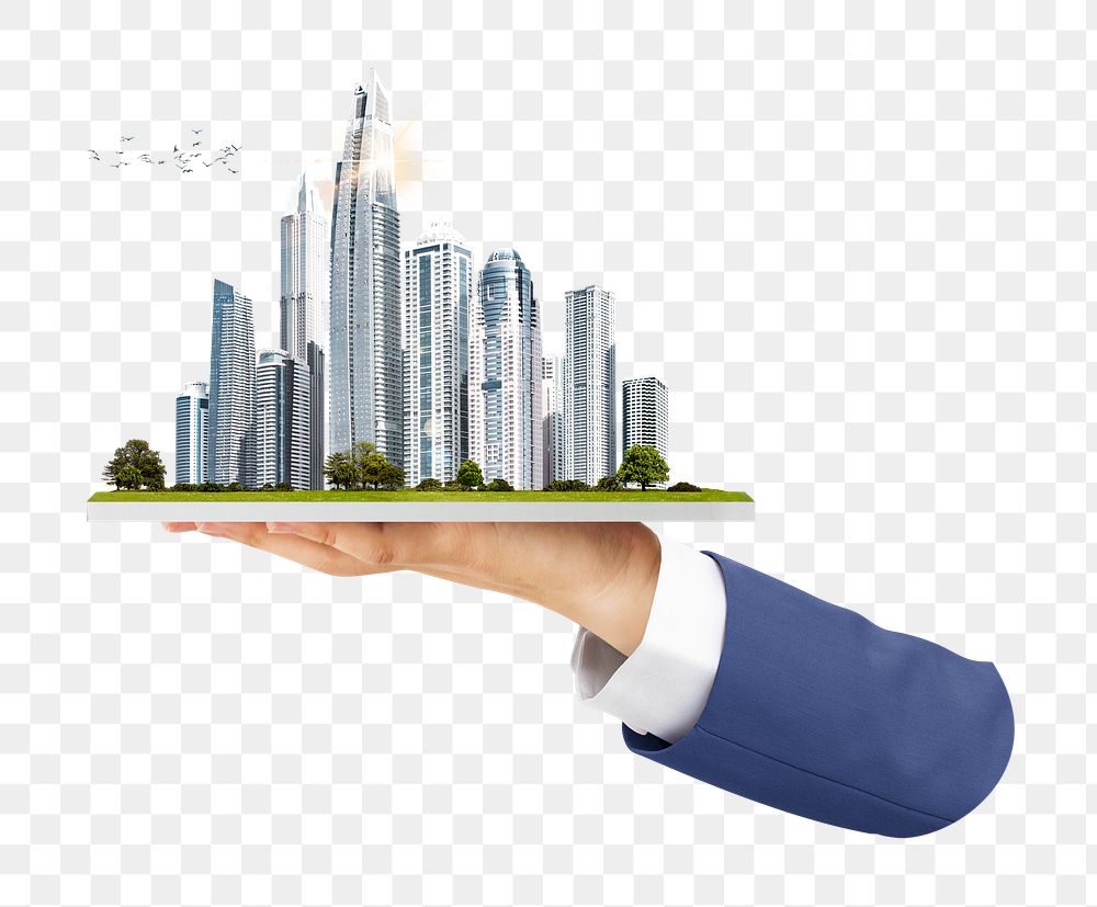 Real estate png sticker, hand holding city, transparent background