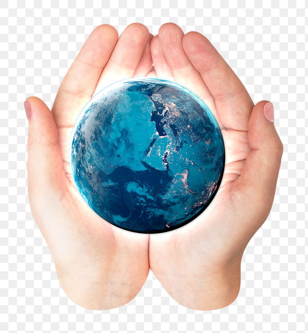 Png hand holding globe sticker, transparent background