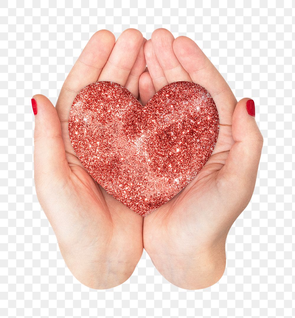 Png hand holding heart sticker, transparent background