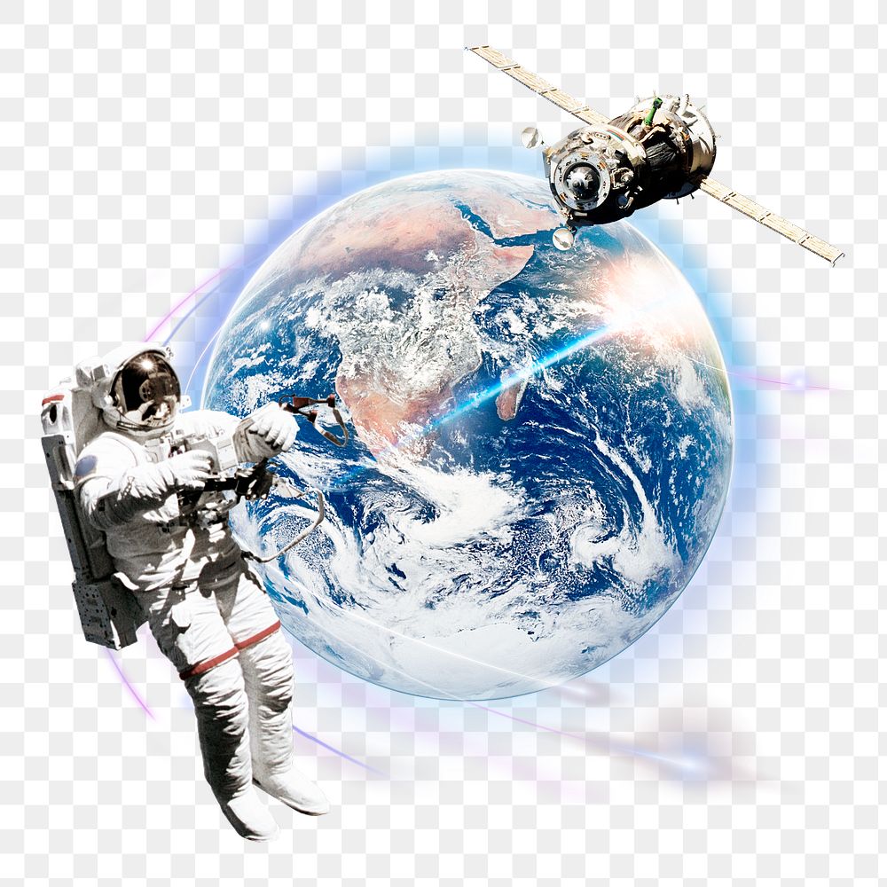 Astronaut floating png sticker, space satellite, transparent background