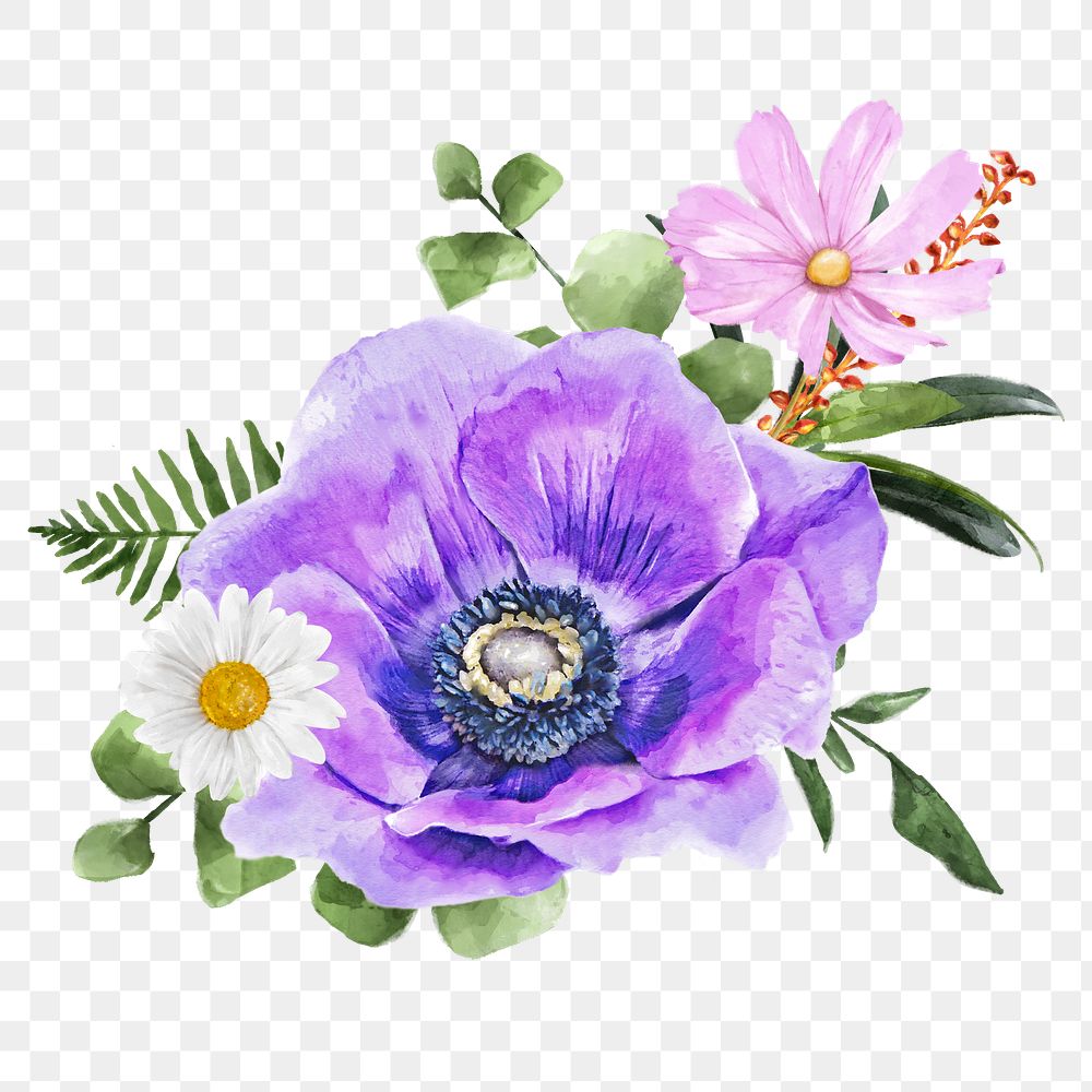 PNG purple anemone flower, watercolor spring collage element, transparent background
