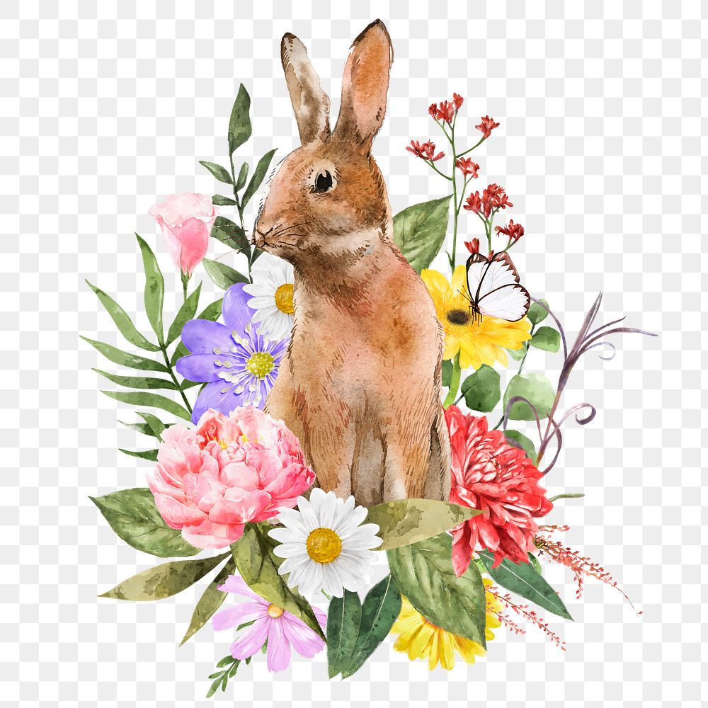 PNG Easter rabbit with flowers, watercolor collage element, transparent background
