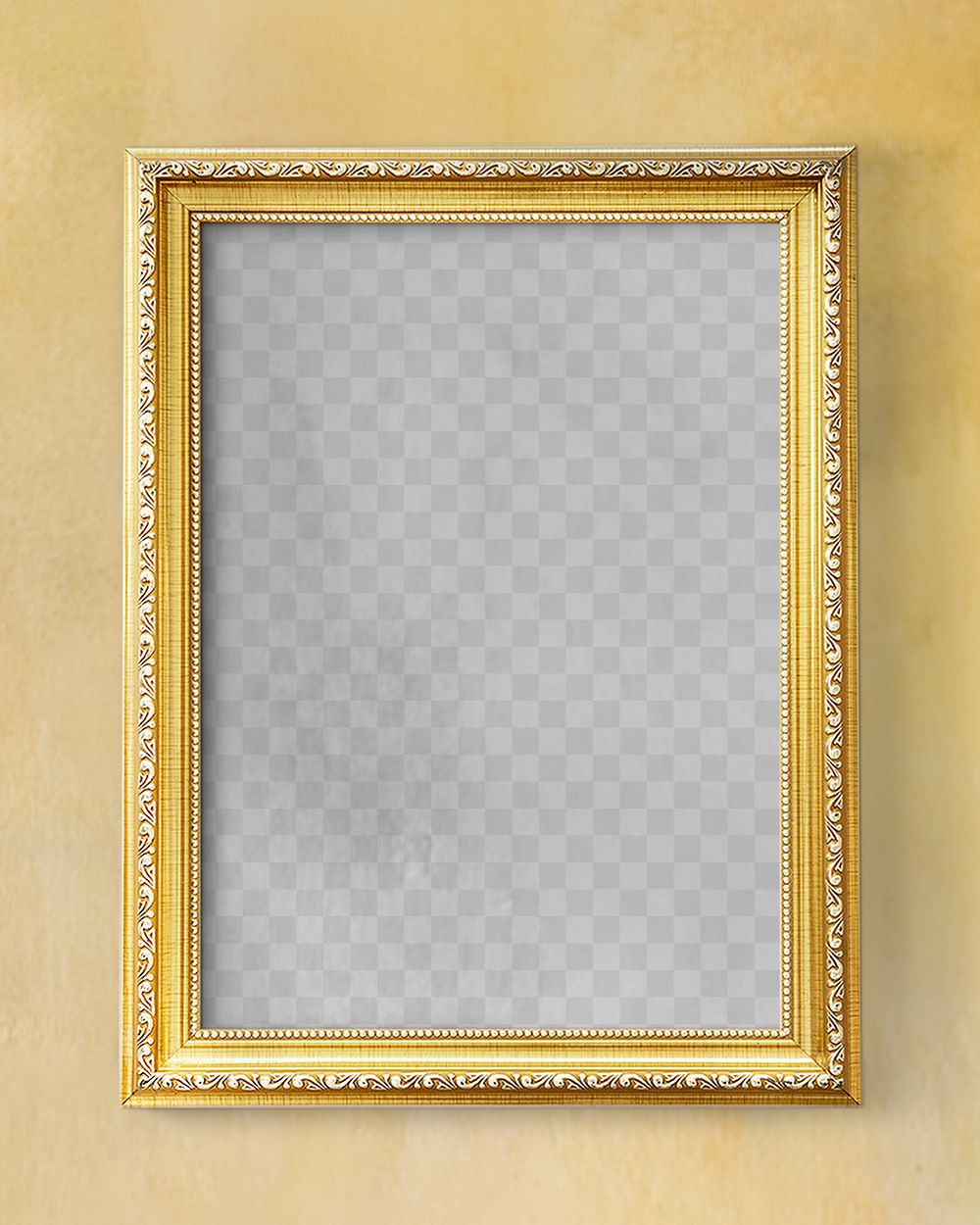 Classic gold picture frame png mockup on yellow wall