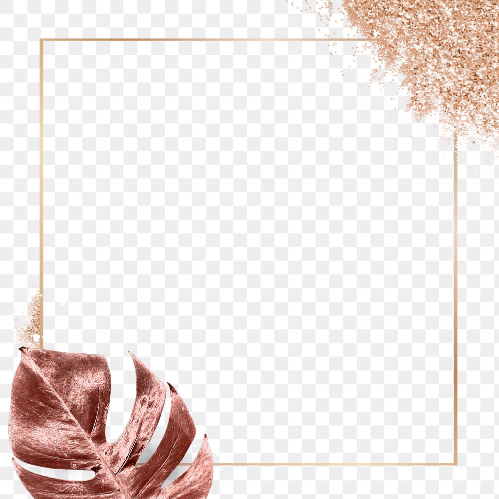Leaf frame png with rose gold floral and glitter in minimal style