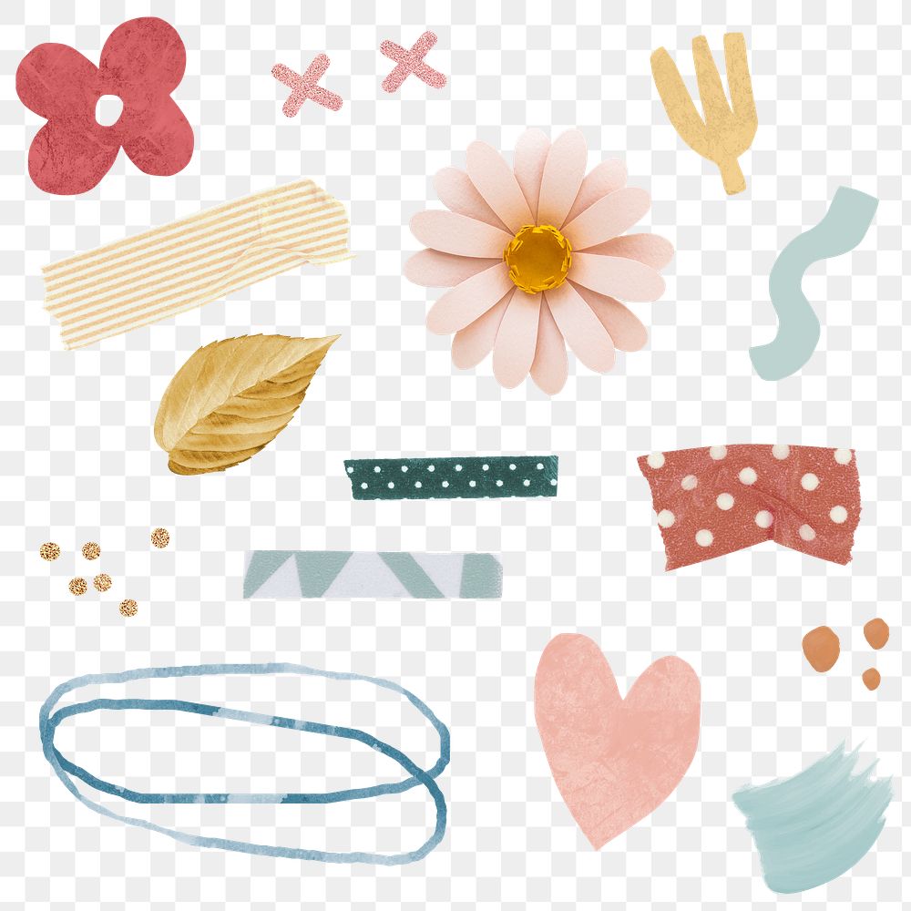 Floral and Washi tape stickers pack transparent png