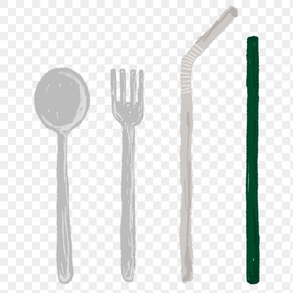 Plastic utensils and straws sticker element set transparent png