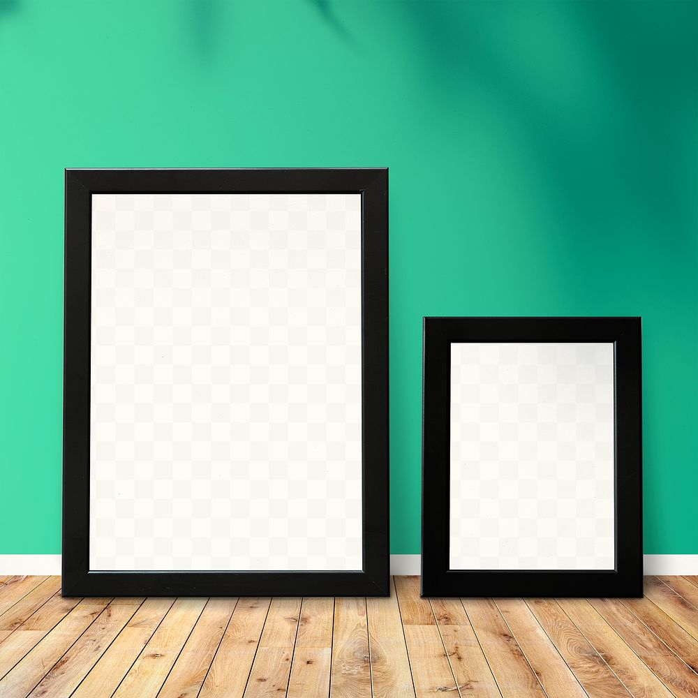Black picture frame mockups leaning against a green wall