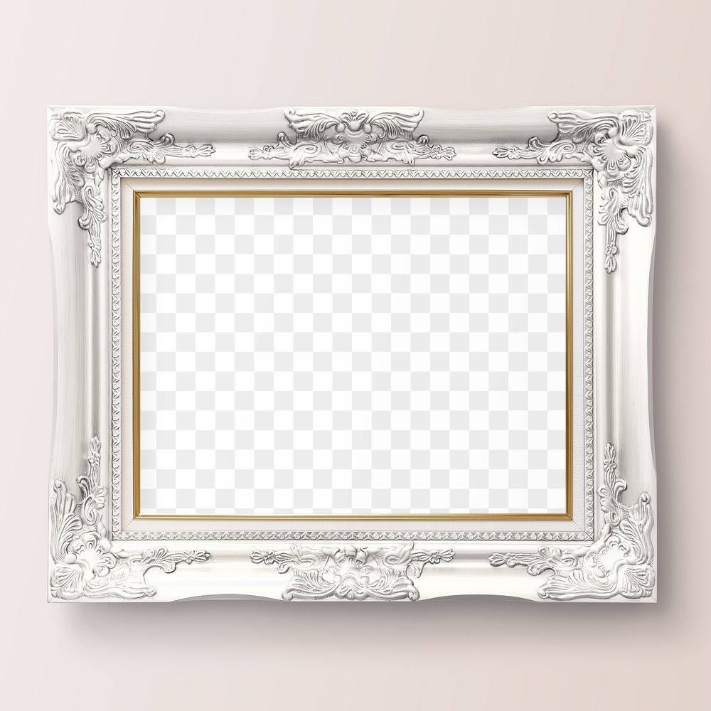 Luxurious white baroque pictured frame mockup hanging on a beige wall