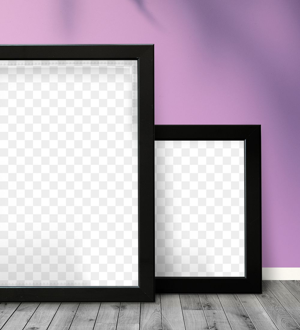 Black picture frame mockups against a purple wall