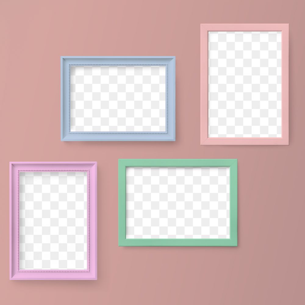 Colorful frame mockups hanging on a pink wall