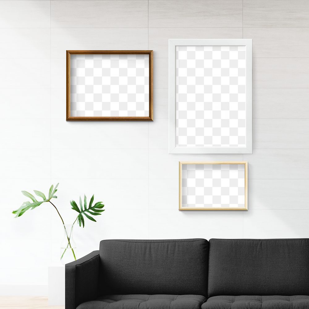 Three blank picture frames mockup in an off white living room