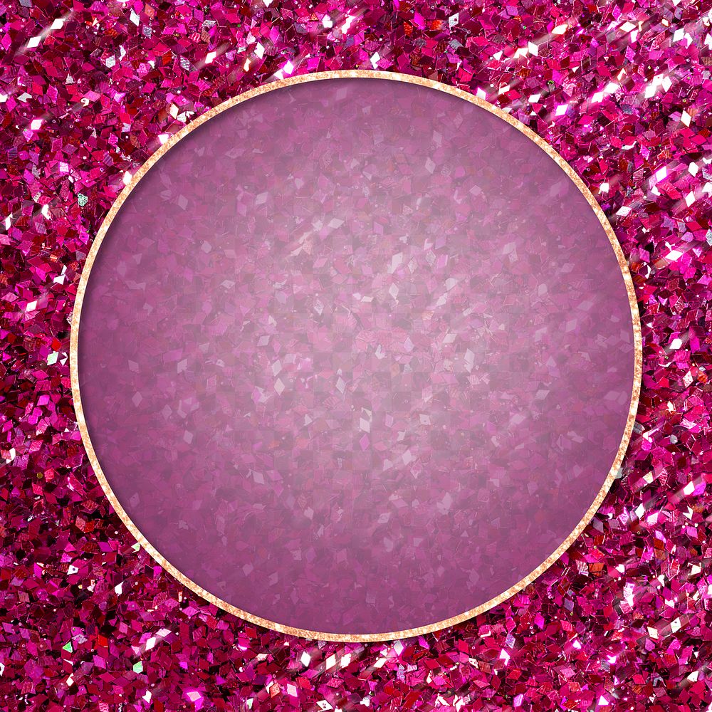 Golden round frame on pink sequin textured background transparent png