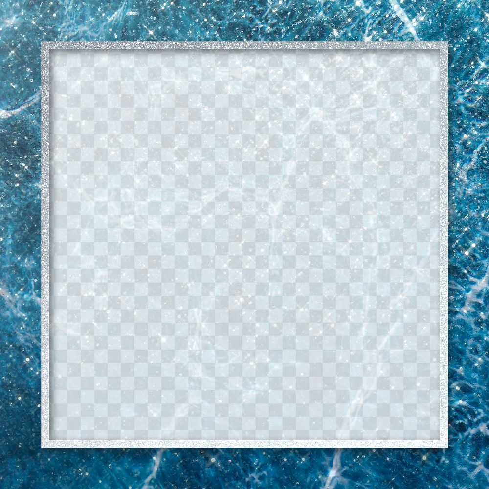 Silver square frame on blue marbled background transparent png