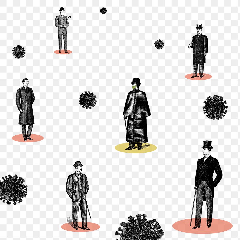 Vintage Victorian gentlemen physical distancing in coronavirus contaminated background transparent png