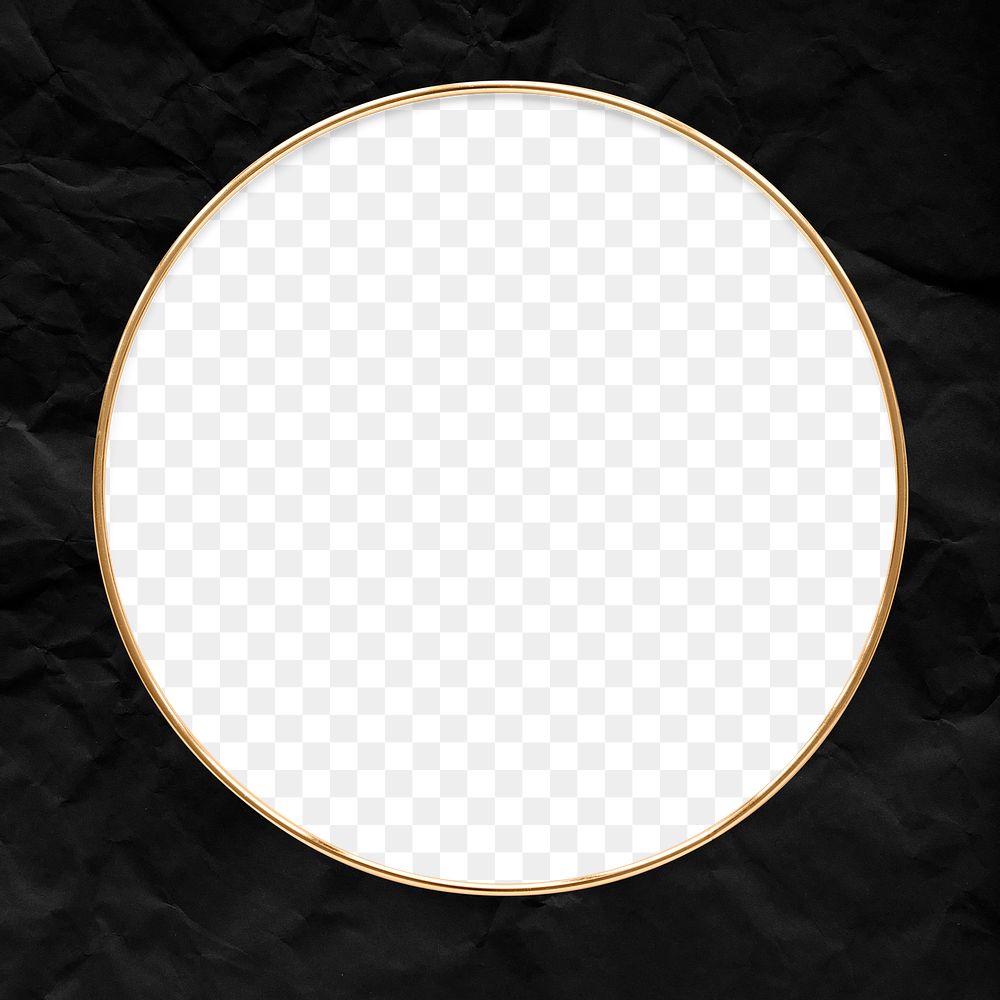 Round gold frame on a crumpled black paper textured background  design element