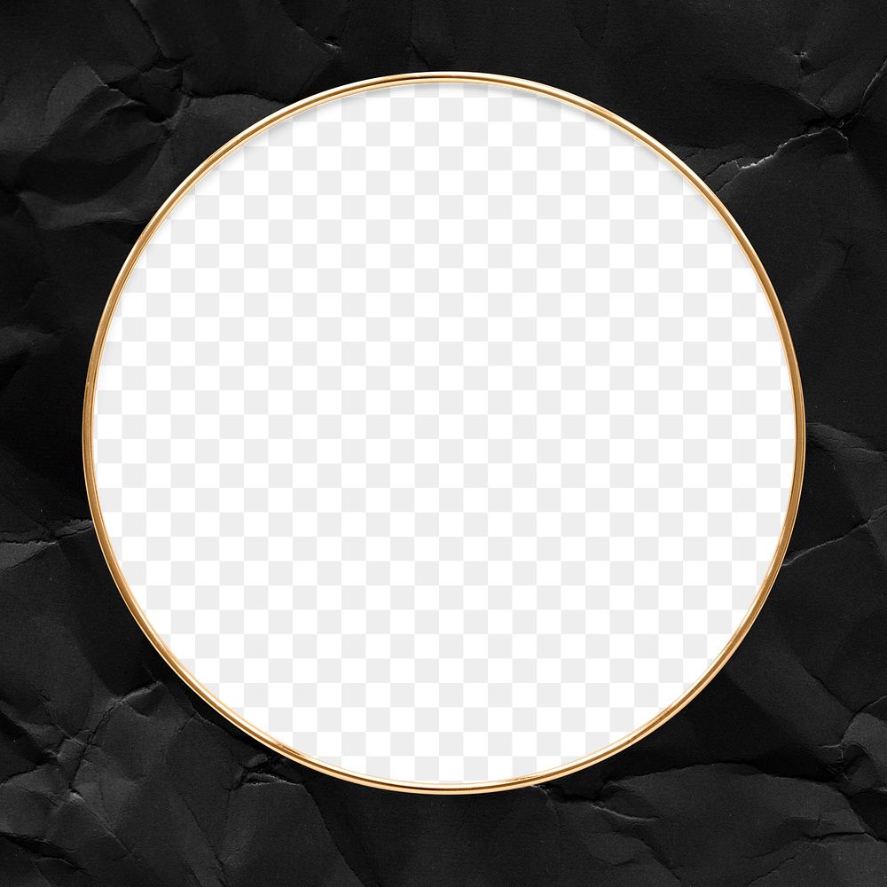 Round gold frame on a crumpled black paper textured background design element