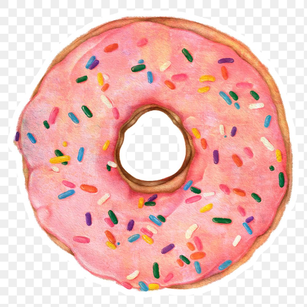 Glazed pink doughnut with sprinkles sticker design element