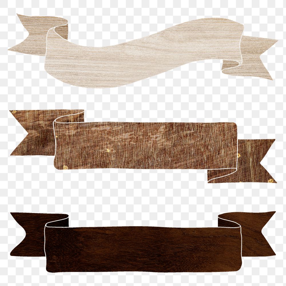 Wood textured ribbon banner design element set