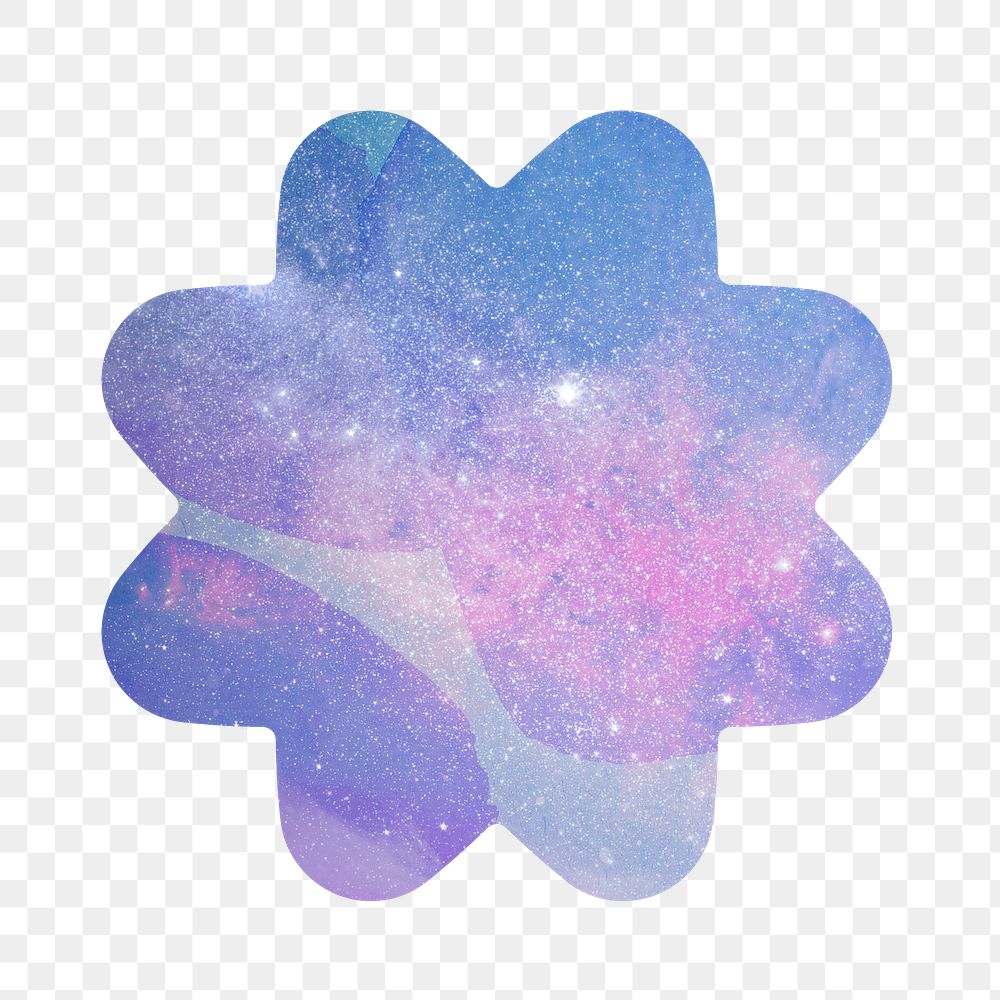 Purple galaxy patterned flower shaped badge design element